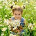 Cute little girl with a bouquet of daisies sits in a field with daisies on a sunny day