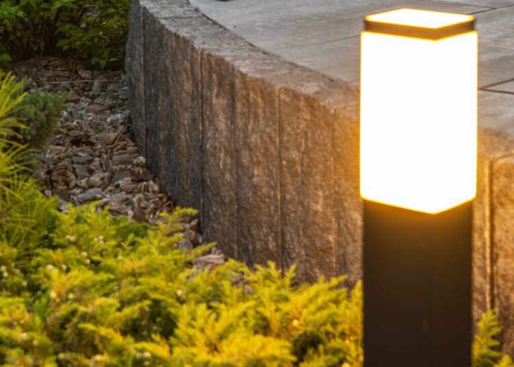 Backyard Garden with Porch and Outdoor Lamps