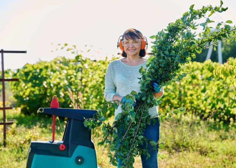 Woman using electric garden shredder for branches and bushes