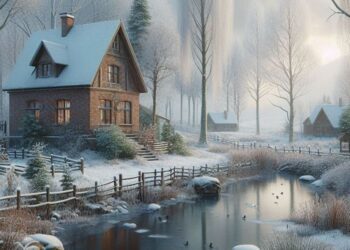 jezírko a zasněžená krajina