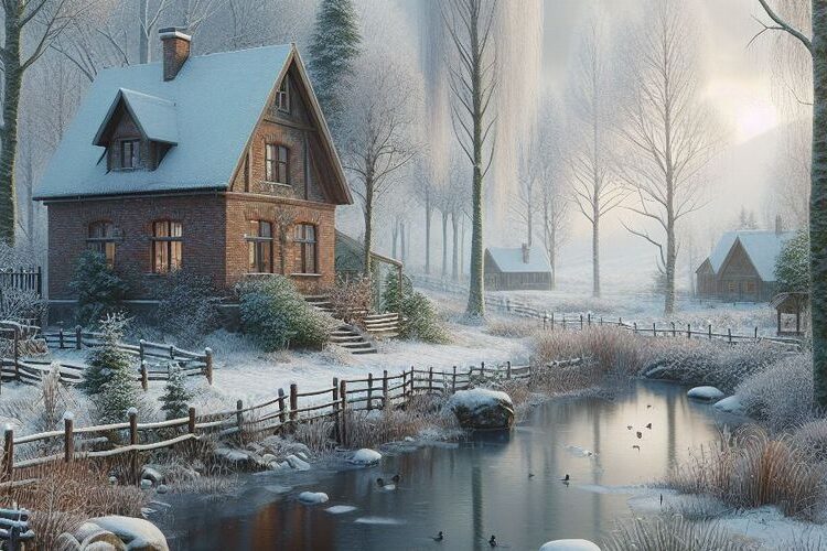 jezírko a zasněžená krajina