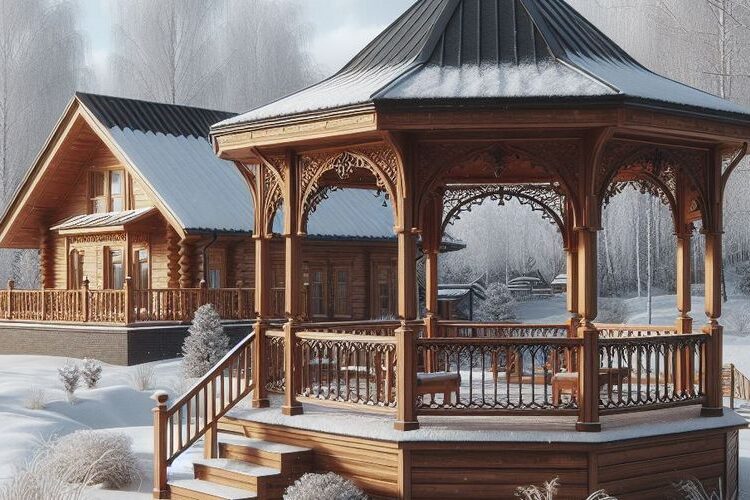 altán u zasněženého domu